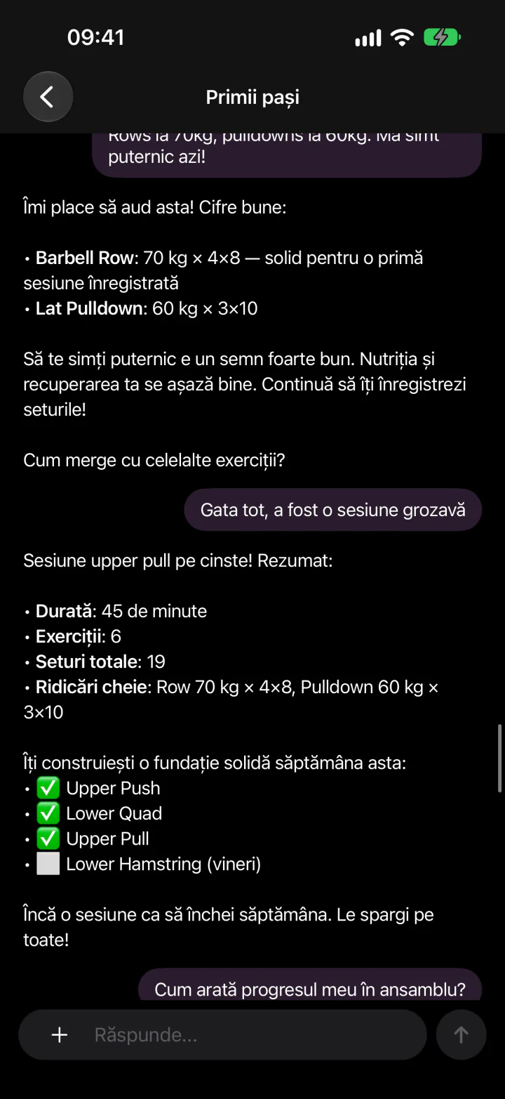 O conversație cu AI Coach în aplicația FitJur