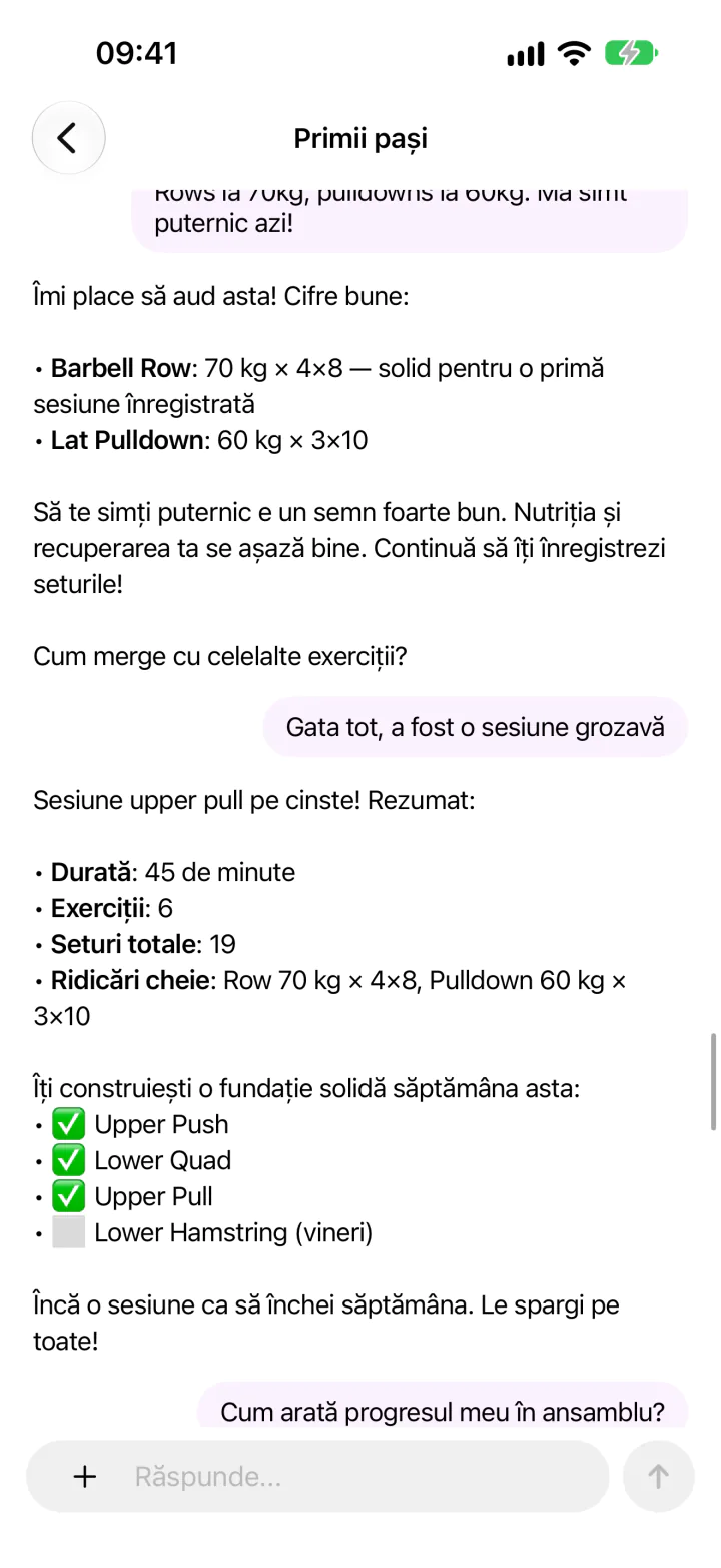 O conversație cu AI Coach în aplicația FitJur