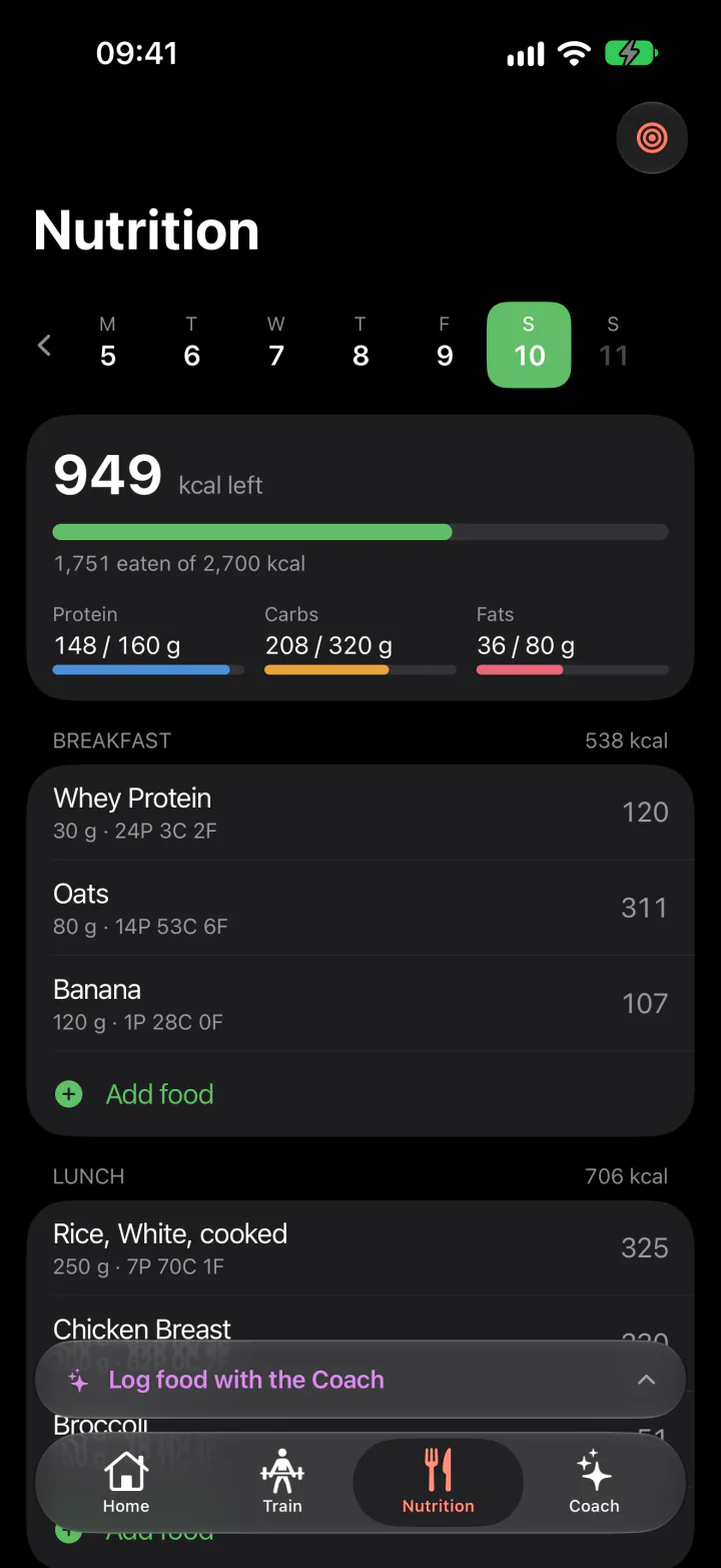 The day's food log in the FitJur app