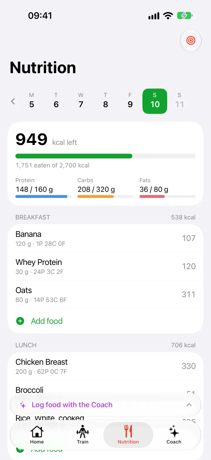 The day's food log in the FitJur app