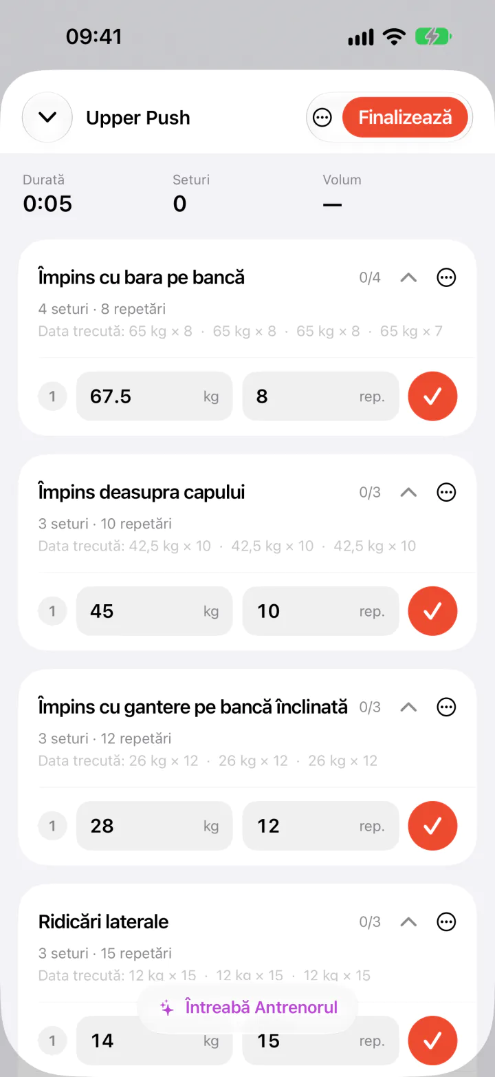 Un antrenament în desfășurare în aplicația FitJur